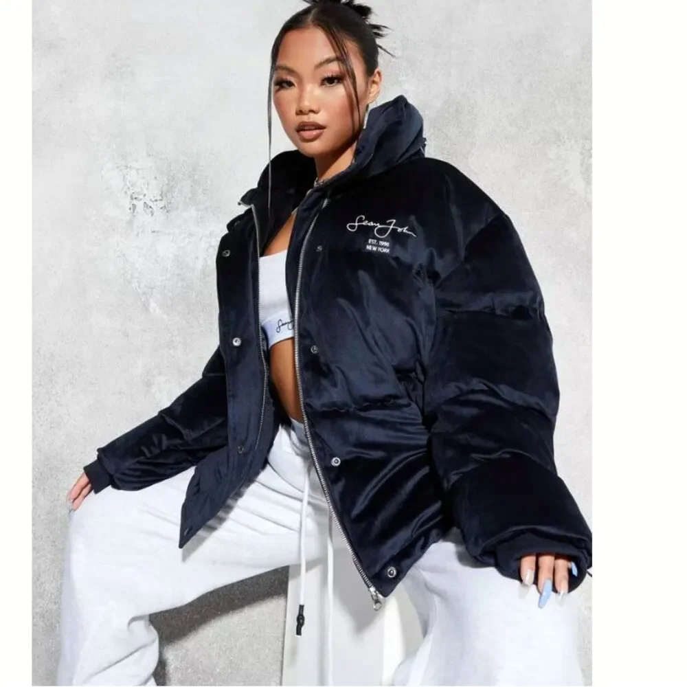 Sean John X Missguided Puffer Jacket Womens 2 US Navy Blue Velour Oversized Y2K - Picture 4 of 16